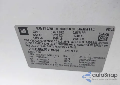 2016 Chevrolet Equinox Ls из США, поврежденный, VIN 2GNALBEK6G1110994